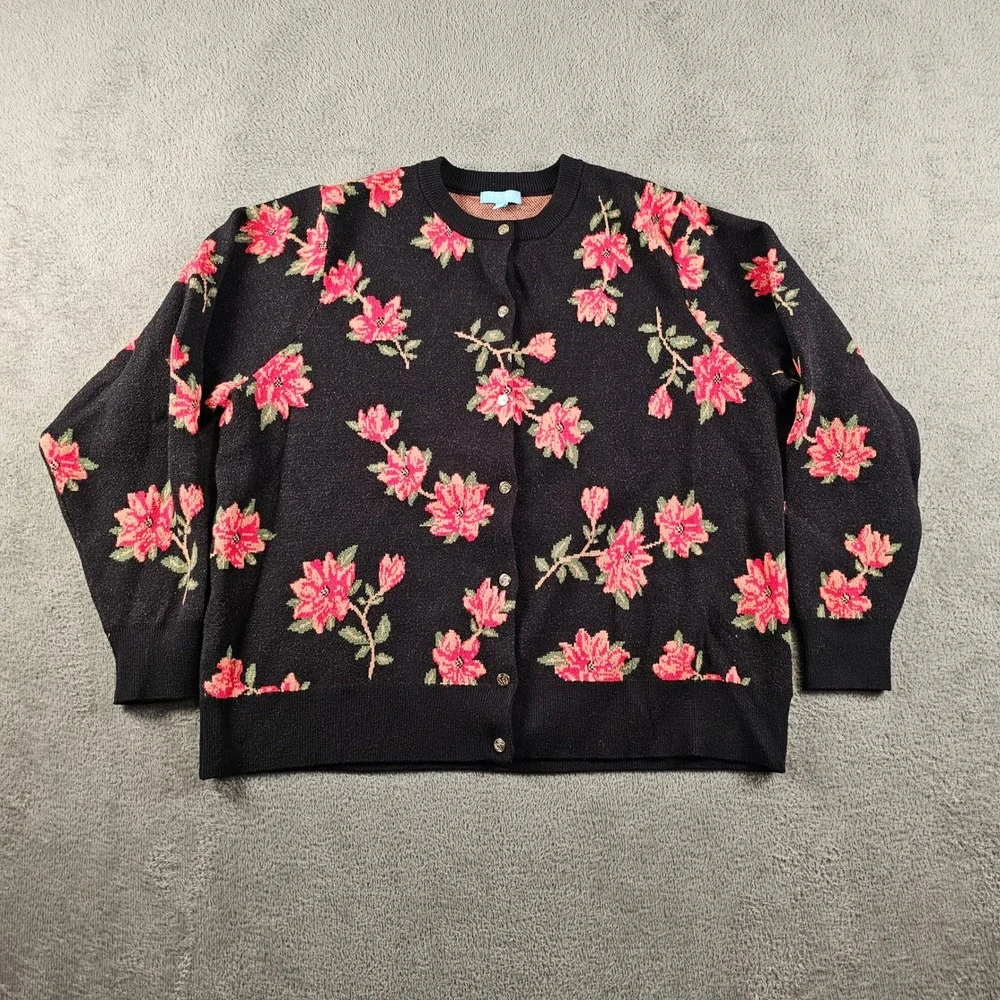 Draper James RSVP Black Floral Cardigan Sweater Pink Gold Buttons 1X